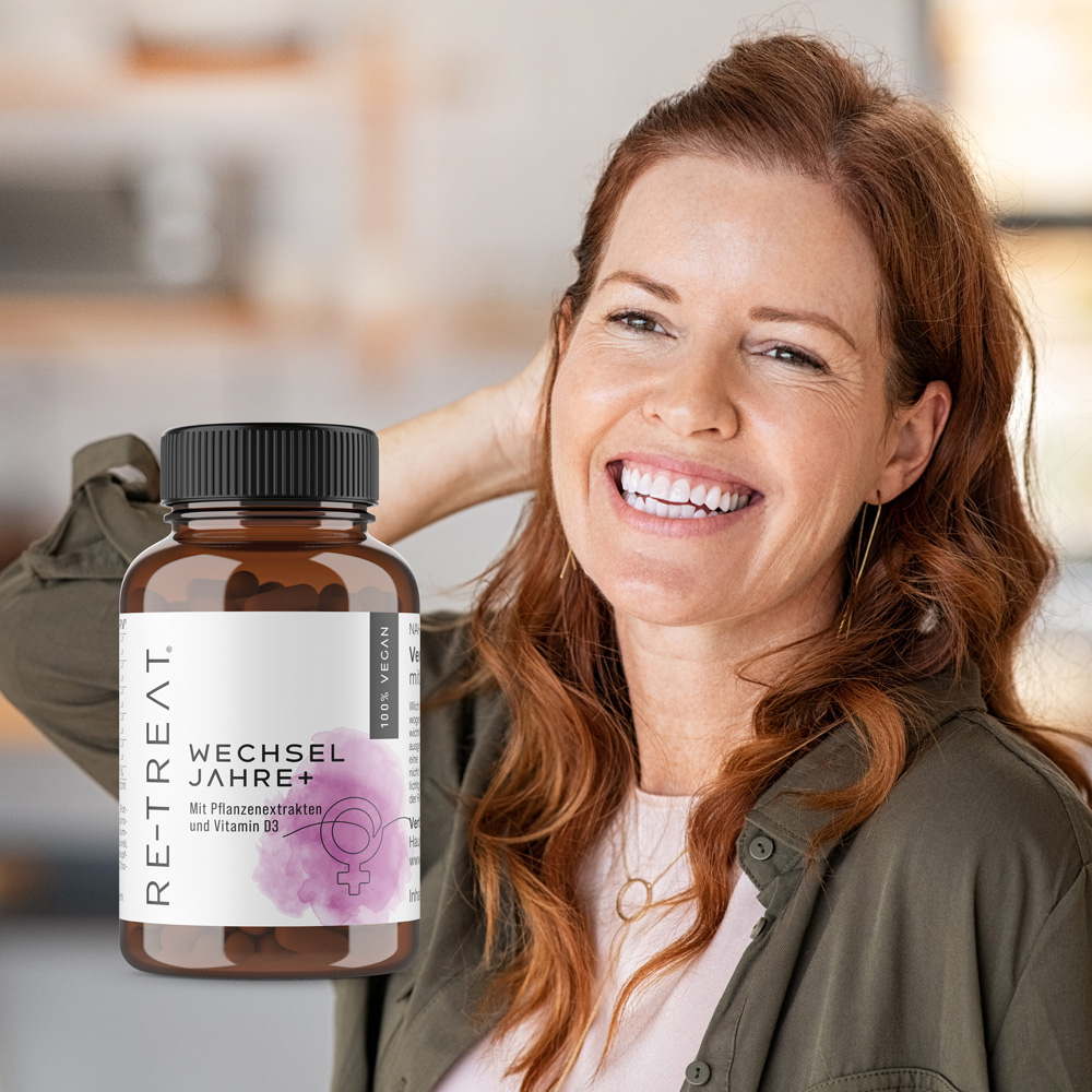 Ältere Frau in den Wechseljahren mit Wechseljahre + Packshot