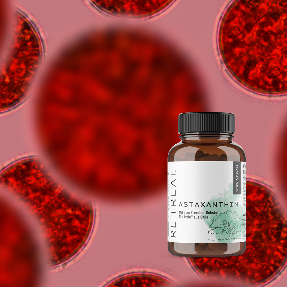 Packshot von Astaxanthin vor roten Blutkörperchen