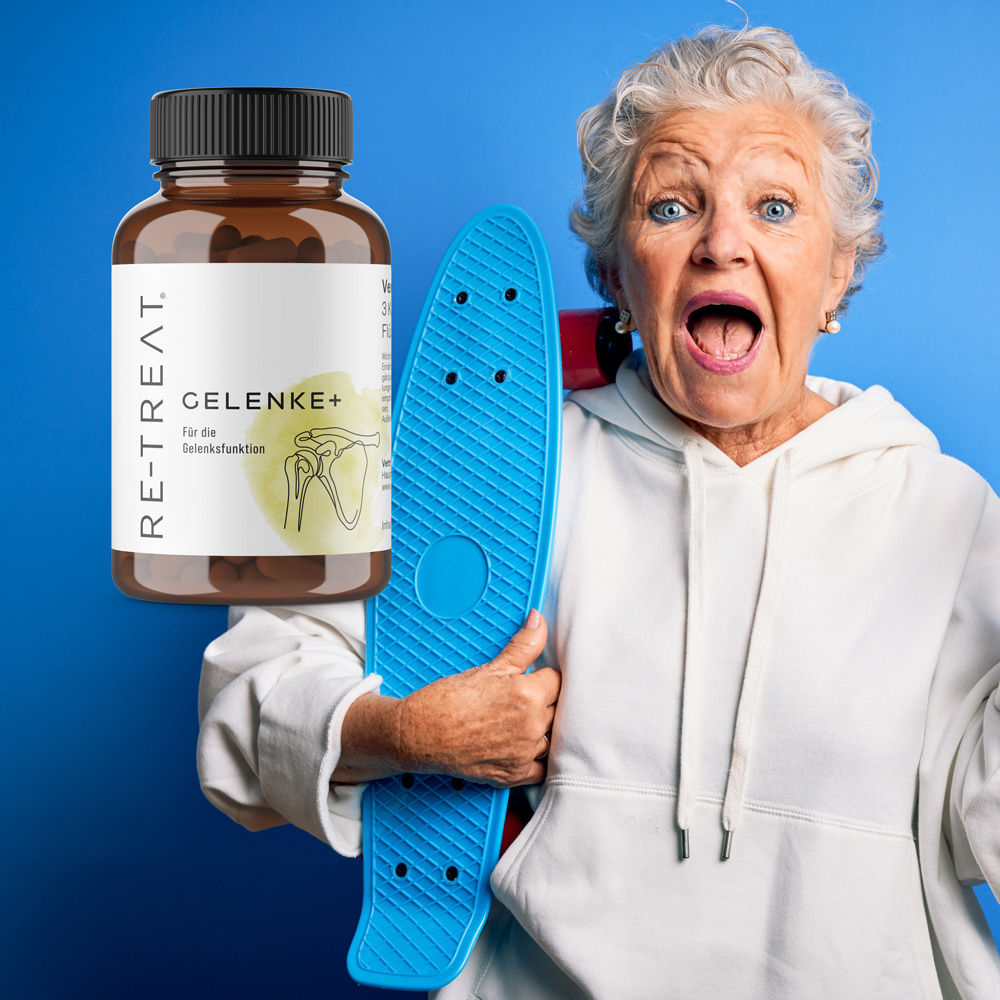 Ältere Frau mit Sakteboard und Gelenke + Packshot