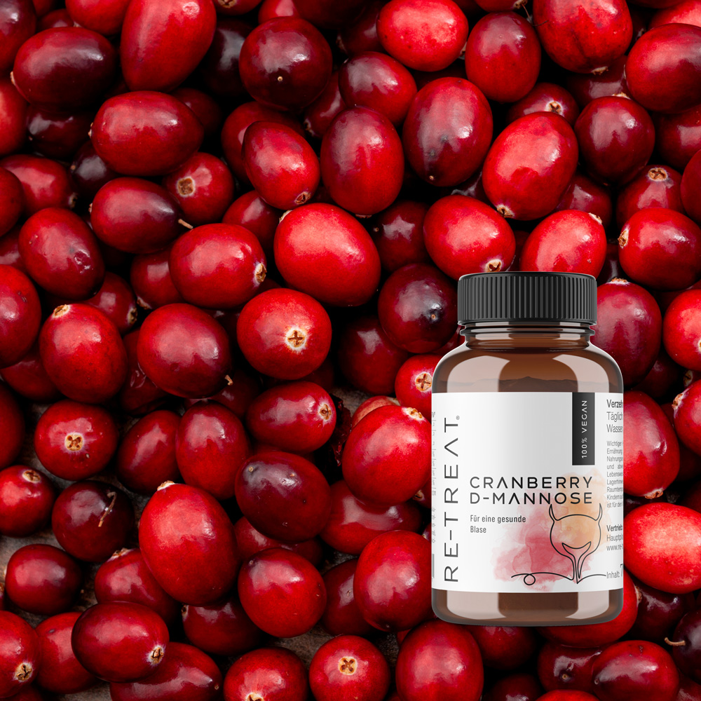 Packshot von D-Mannose Cranberry – Bild 2 RE-TREAT D-Mannose-Cranberry D-Mannose Cranberry im Hintergrund mit Cranberries